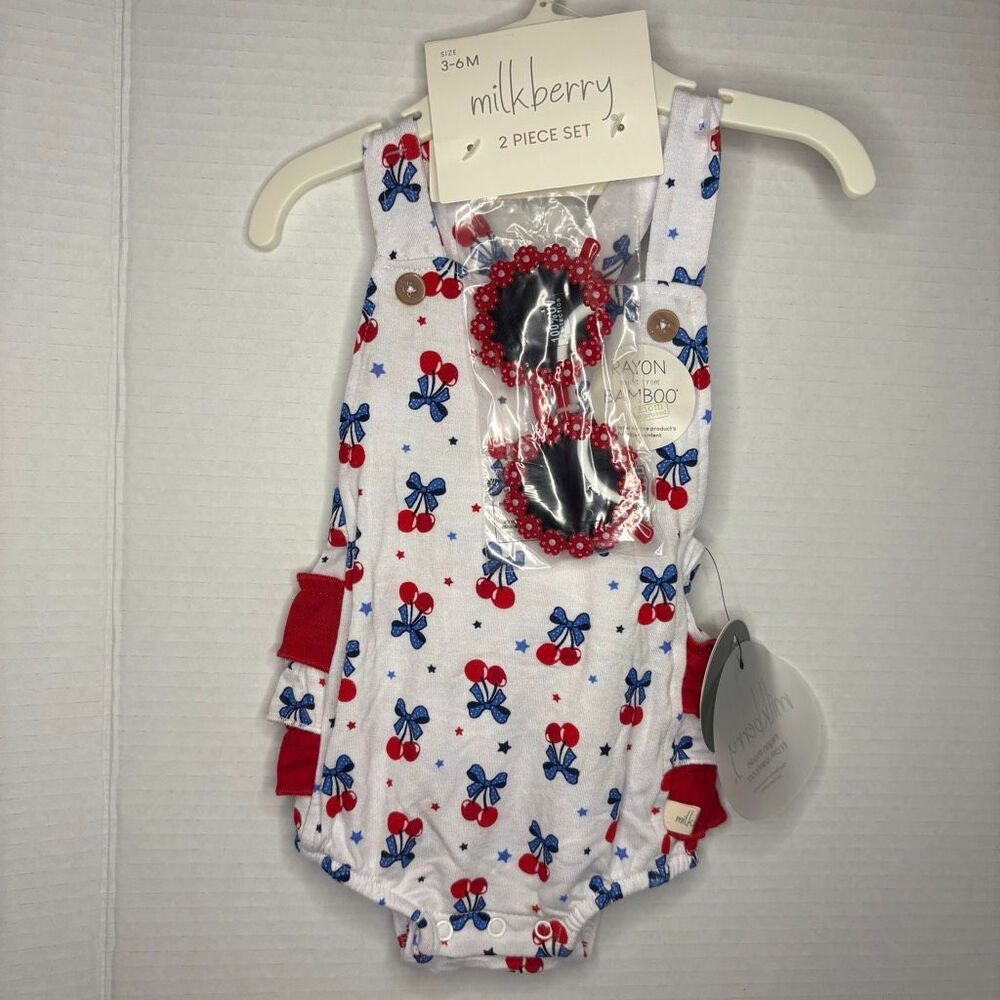 Milkberry Baby Girl Red White Blue Cherry Bow Ruffle Bum Sunsuit Bamboo NWT 3-6M